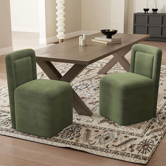 Green Upholstered Dining Chairs Set of 2, Armless Modern Chenille Dining Chairs with High Back, Kitchen Chair for Dining Room/Restaurant/Living Room