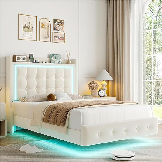 Keyluv Upholstered Twin Floating Bed Frame with RGB LED Lights and Charging Station, Velvet Platform Bed with Button Tufted Storage Headboard, Type-C & USB Charging Ports, No Box Spring Needed, Beige
