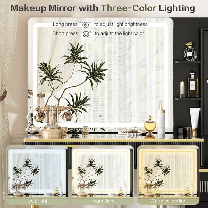 47.24" Big Modern Vanity Desk with Mirror and Lights,Makeup Vanity Desk with 5 Drawers and Storage Shelves & Power Outlet,Dressing Table with Glass Top, Black