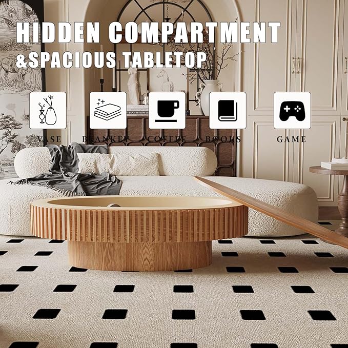 47.2" Oval Coffee Table with Storage, Fluted Coffee Table with Solid Wood Veneered, Mid Century Modern Wooden Center Table, Accent Tea Table for Living Room Apartment, Natural