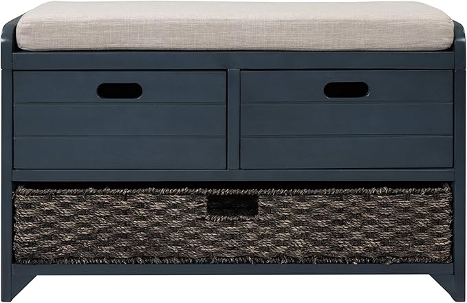 Entryway Shoe Storage Bench with Cushion, Fully Assembled Solid Wood Bench with 2 Drawers and Removable Basket for Hallway, Bedroom or Living Room (Navy)