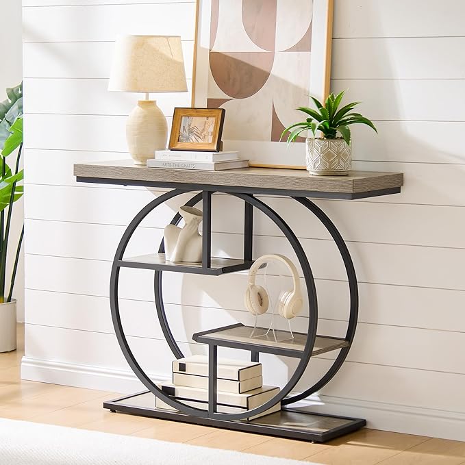 41.3" Sofa Table, Industrial 4-Tier Entryway Table with Circle Base and 1.7" Thickened Top, Narrow Console Table with Storage for Living Room, Hallway, Foyer, Grey
