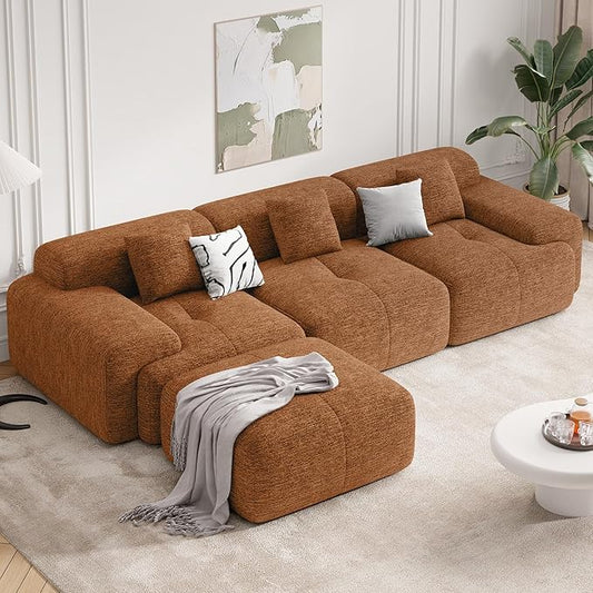 122" Modern L Shaped Modular Sectional Sofa, Boneless Couches for Living Room with Ottoman,4 Seater Convertible Chenille Cloud Couch Sofa Set, No Assembly Required, Orange 1 PCS