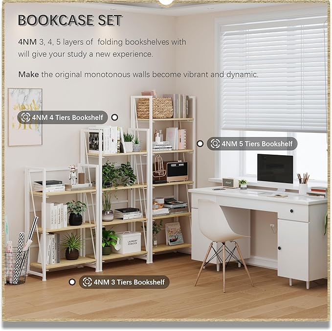 4NM No Assembly Folding Bookshelf Storage Shelves 4 Tiers Vintage Bookcase Standing Racks Study Organizer Home Office (Natural White)