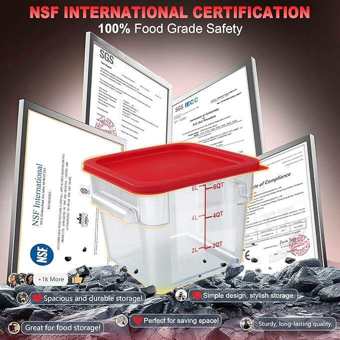 4QT NSF Food Storage Containers with Lids: 4 PCS [Total Food Grade][Hot&Cold Resistant] Commercial Clear Food Storage Containers for Restaurant Kitchen Proof Dough, Measuring Spoons Included(Red)