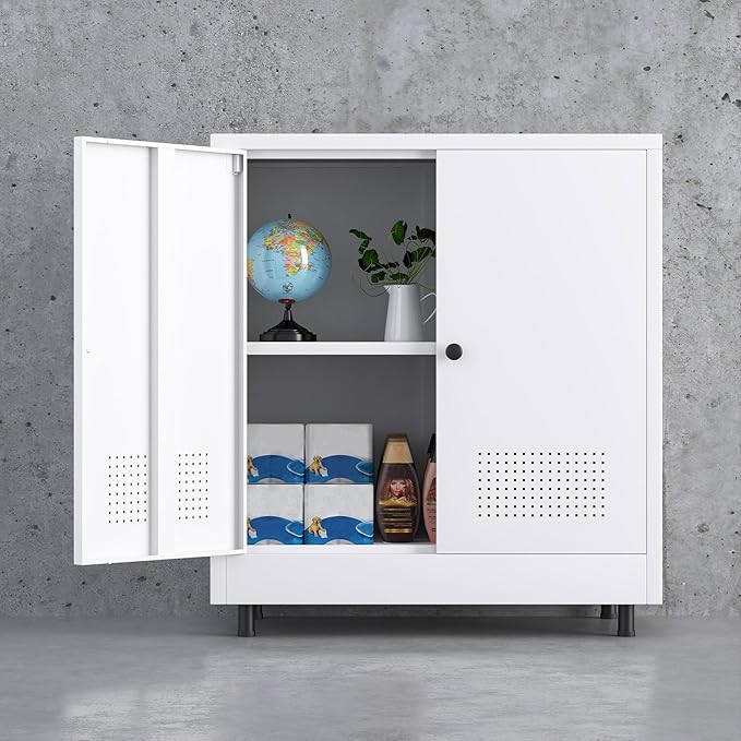 Metal Storage Cabinet with 2 Doors and Adjustable Shelf, Free Standing Accent Sideboard Buffet Cabinet for Home, Office, Entryway, Hallway, Living Room, Kitchen and Dining Room (White)