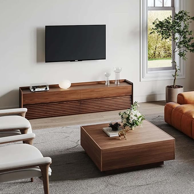 POVISON Modern Square Coffee Table with Storage, 39.37" Wood Coffee Table for Living Room Home Office, Fully-Assembled Walnut