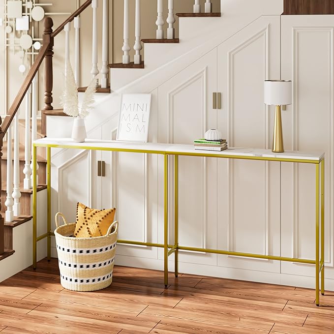 70.9" Console Table,Modern Extra Narrow Long Sofa Table Behind Couch,Skinny Entry Table with Gold Metal Frame for Living Room, Hallway,Marble White