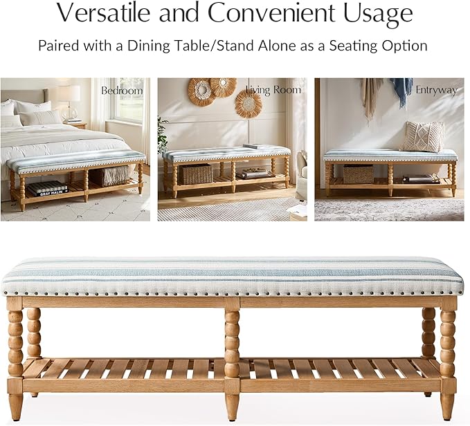 HULALA HOME Entryway Bench with Soild Wood Shelf, 58" Upholstered Shoe Storage Bench with Spindle Legs, Nailhead Trim Detail for Bedroom, Living Room, Hallway, Strip