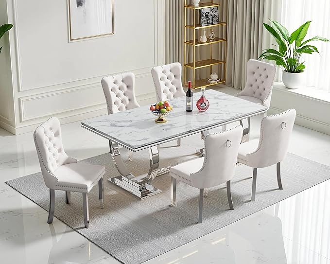Goujxcy 68" Faux Marble Dining Table Set for 6, 7-Piece Dining Set with White Silver Kitchen Table and 6 Velvet Tufted Chairs, Modern Rectangular Dining Room Table with O-Shape Stainless Steel Base