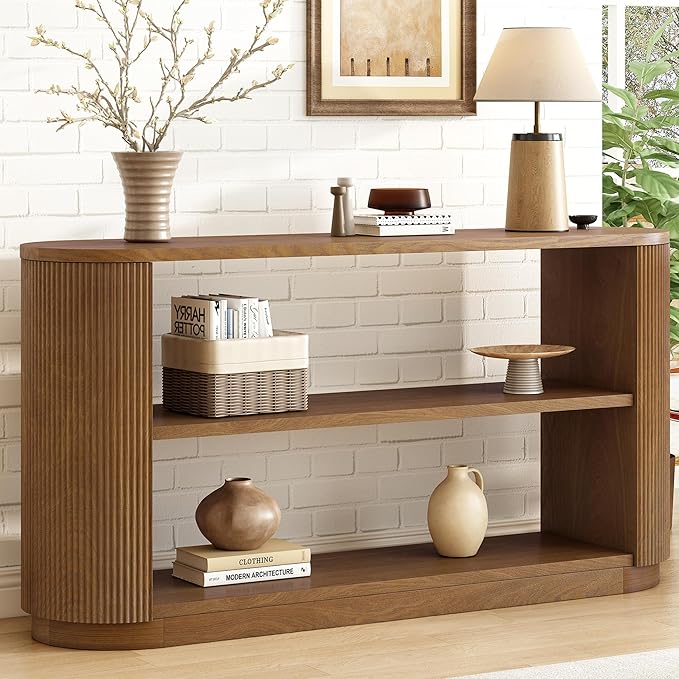 Modern Curved Console Table 59-Inch Oval Fluted Entry Sofa Table with Open Storage Shelves for Living Room Entryway Hallway Furniture, Brown