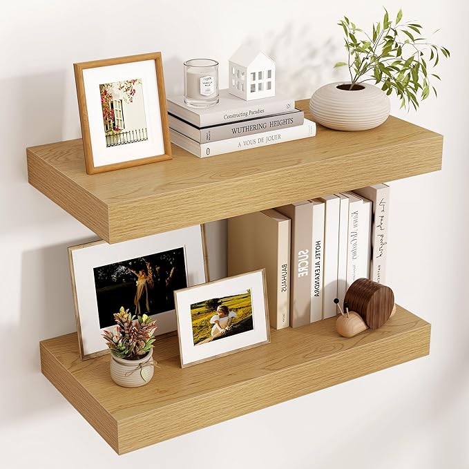 Floating Shelves for Wall, 24 Inch Wide x 12 Inch Deep Floating Shelves, Long Wood Floating Wall Shelf Shelves for Living Room Bathroom Bedroom Kitchen Home - (Oak, 24" W x 12" D x 2" H)