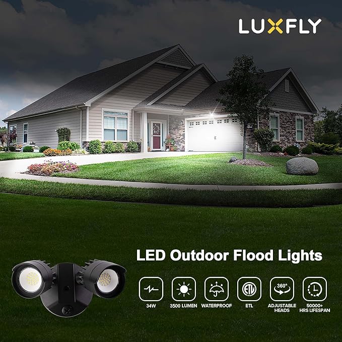 LED Flood Lights Outdoor, 34W 3500LM 5000K Daylight, IP65 Waterproof Security Lights with 2 Adjustable Heads, Exterior Wall Light for Patio, Garage, Yard (Black)
