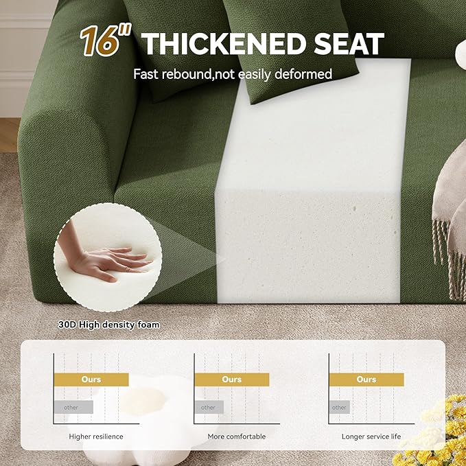 128" Oversized Modern Curved Sofa,Boneless Cloud Sectional Couch with Deep Seat,No Assembly Required Chenille Couches for Living Room,Green,1 PCS