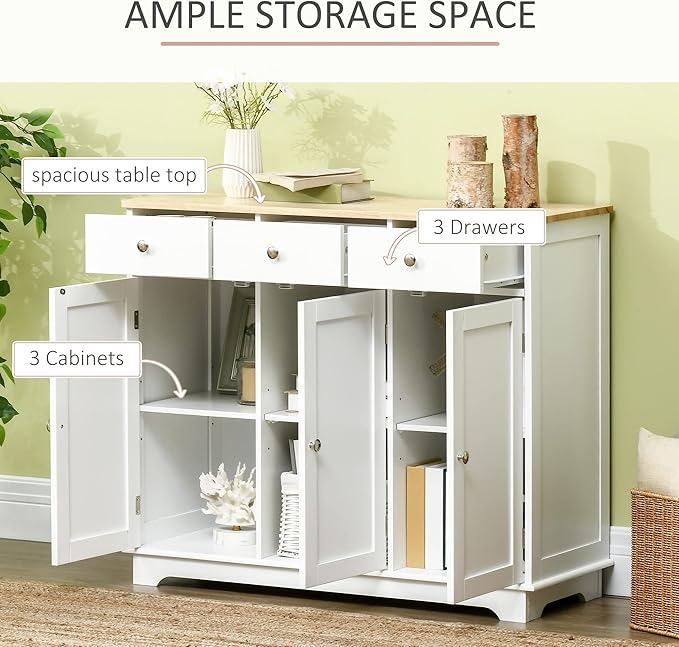 HOMCOM Sideboard with Solid Wood Countertop, Modern Kitchen Storage Cabinet, Coffee Bar Cabinet with 3 Drawers, Doors and Adjustable Shelf, White