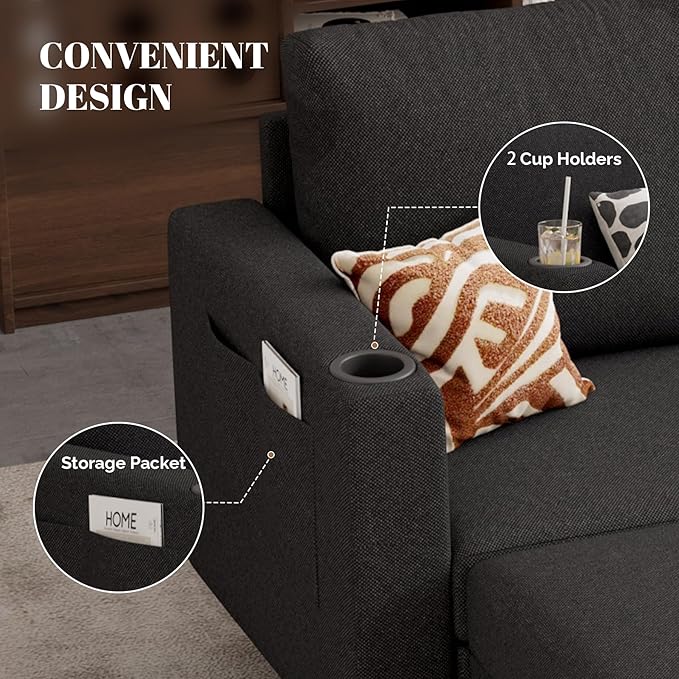 Upholstered Sectional Sofa and Couches, 78'' L Shaped 3-seat Sofa forLiving Room, Apartment, Lounge,Bedroom-Washable Covers Convertible Sofas(Linen Fabric,Black)