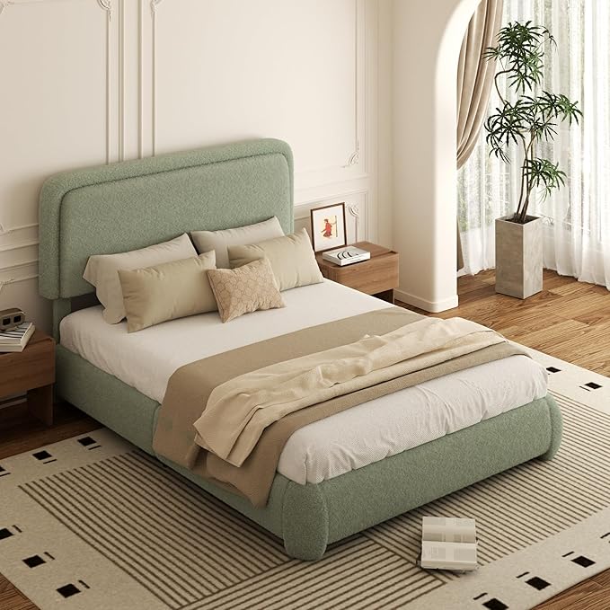 Full Bed Frame, Teddy Velvet Boucle Bed Frame with 43.3"/45.3" Adjustable Upholstered Headboard, Rounded Corners, Mattress Foundation, No Box Spring Required, Green