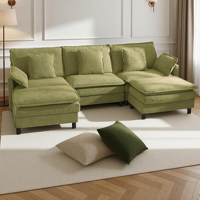Claiks 110" Modular Sectional Sofa, Cloud Couch with Ottoman, U-Shaped 5-Seater Sofa in Chenille Fabric, Deep Seat Comfy Couch with Pillows for Living Room & Offices, Green