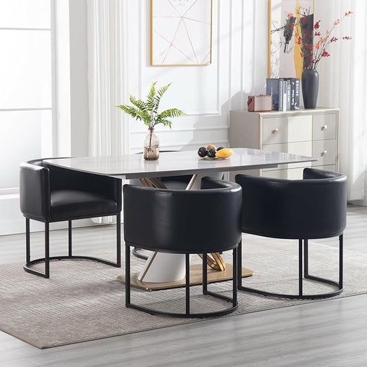 Faux Leather Dining Chairs Set of 4 Modern Barrel Arm Chairs with Black Metal Frame, Upholstered Kitchen Chairs 18.5" Wide Accent Chair for Living Room Dining Room Restaurant, Black