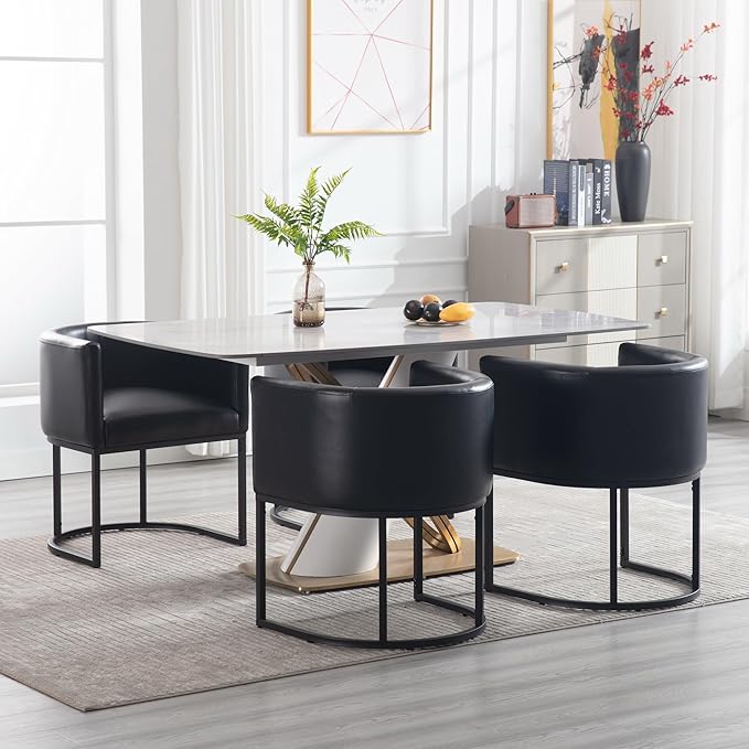 Faux Leather Dining Chairs Set of 8 Modern Barrel Arm Chairs with Black Metal Frame, Upholstered Kitchen Chairs 18.5" Wide Accent Chair for Living Room Dining Room Restaurant, Black