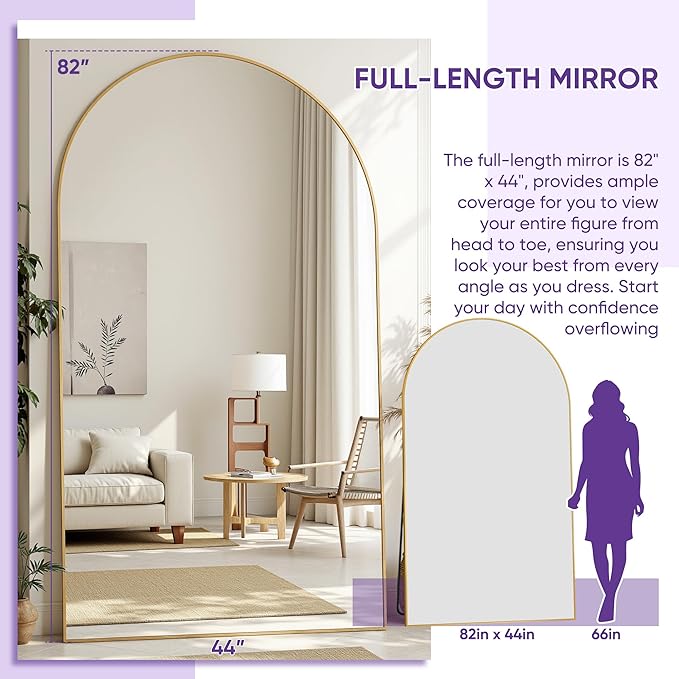 Full Length Mirror, 82"x44" Arched Floor Mirror Freestanding, Floor Standing Full Body Mirror with Stand for Bedroom, Hanging Mounted for Living Room Cloakroom, Gold