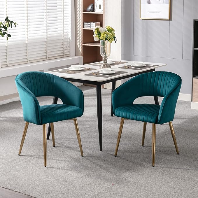 Modern Velvet Dining Chairs Set of 6, Upholstered Gold Dining Chairs with Hollow Back, Dining Room Chairs with Gold Legs, Accent Armrest Kitchen Chairs for Living Room Reception Teal Blue