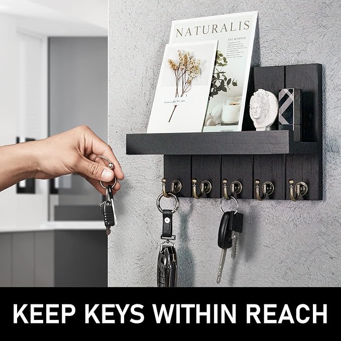 Rebee Vision Farmhouse Key Holder for Wall - Modern Key Racks for Wall Decor Living Room and Mail Organizer with Shelf for Apartment Essentials - Home Decor Aesthetic (Black, 3.54"D x 10"W x 7.28"H)