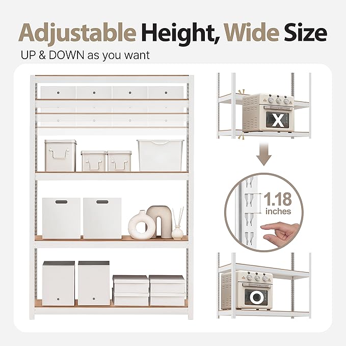 HOMEDANT House 5 Tier Laminated Metal Shelving Unit Adjustable Storage Utility Rack Heavy Duty Shelves Organization Multipurpose Shelf Kitchen Garage Pantry Closet (4, (L) 48.1" W, White)
