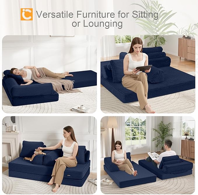 COMAX Convertible Sofa Bed, Folding Floor Couch Corduroy Fold Out Couch Bed Futon Sleeper Mattress with Pillows, Boneless Sofa Comfy Lounge Loveseat for Living Room Bedroom, Plush Navy