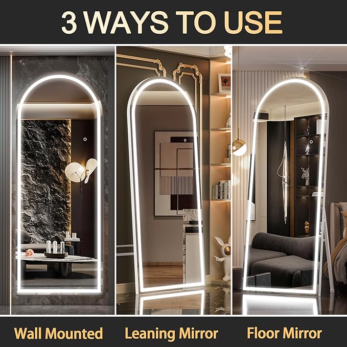 Hasipu 71" x 24" Led Mirror Full Length, Arch Full Length Mirror with Lights, Full Body Glass Mirror with Stand and LED,Tempered Glass,Shatter-Proof, Dimming & 3 Color Modes for Bedroom Cloakroom-UL