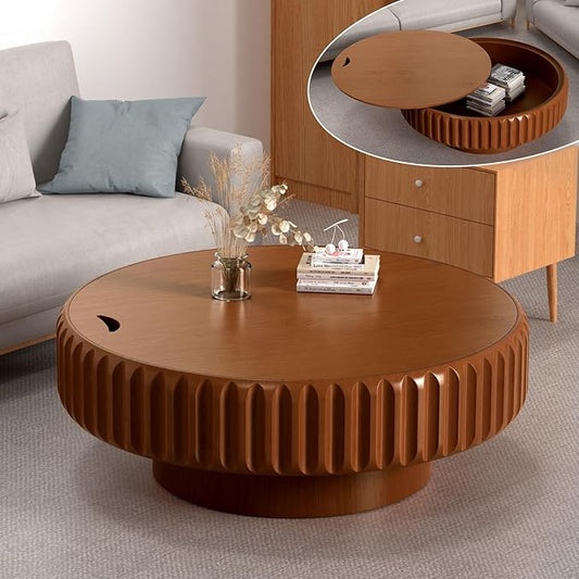 Round Coffee Tables with Storage Fluted Drum Coffee Table with Solid Wood Relief, Modern Circle Wooden Coffee Tables Brown Center Table Accent Tea Table for Living Room Apartment (Round 39.37'')
