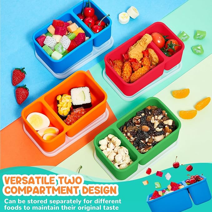 Roshtia 4 Pack Silicone Food Containers with Lids, Reusable Packs Bento Lunch Box for Meal Prep Food Storage, Microwave Dishwasher Safe(2 Compartment,Bright)