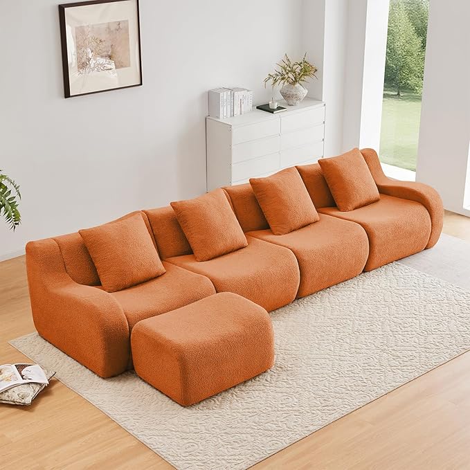 Orange L-Shaped Cloud Couch with 1 Ottoman, Modern Teddy Fabric Boneless Sectional Sofa in a Box, Modular Floor Sofa for Living Room, Deep Seat, No Assembly Required, Sofas para Sala