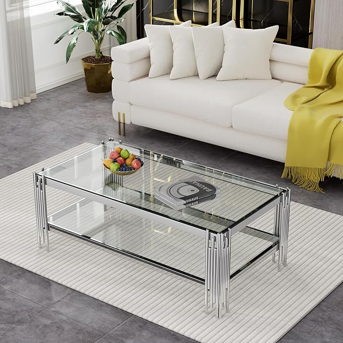 Goujxcy Modern Glass Coffee Table 47" Silver Center Table with Tempered Glass Top and Mirror Finish Stainless Steel Legs, Luxury Rectangular Coffee Table for Living Room Apartment (Silver)