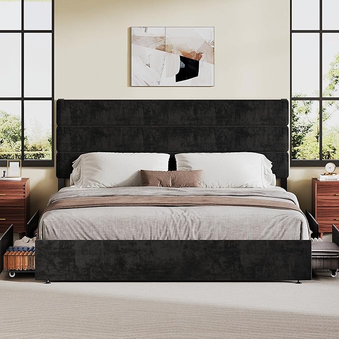 WLIVE King Size Upholstered Bed Frame with 4 Drawers and Velvet Square Tufted Headboard, Sturdy Metal & Wooden Slats Support, No Box Spring Needed, Easy Assembly, Black