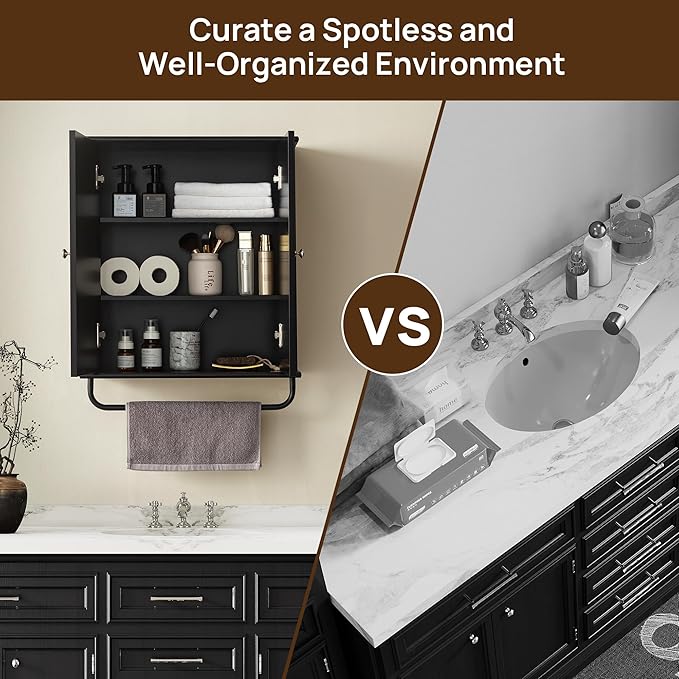 Bathroom Storage Cabinet with Adjustable Wood Shelves, Unique Arched Groove Design On The Door, Wall Mounted with Towels Bar, Over The Toilet Storage Cabinet with DTC Silent Buffering Hinge