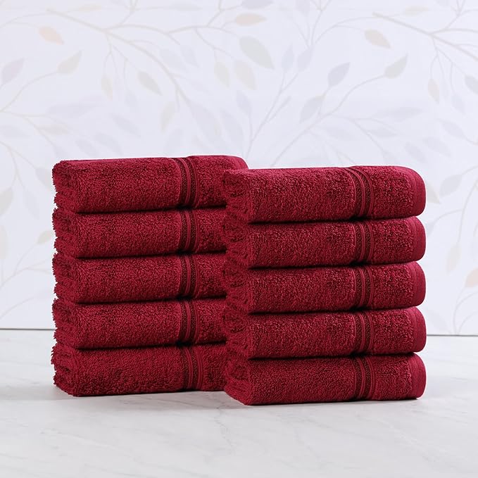 Superior Heritage Egyptian Cotton Face Towel Set, Small Towels for Kitchen, Home Bathroom, Guest Bath, Luxury Essentials, Plush, Absorbent Basics, Washcloths, Spa, Hotel, Resort, Set of 10, Burgundy