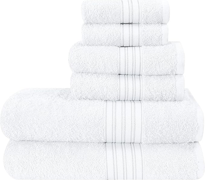 BOUTIQUO 6 Pack Cotton Towel Set, Contains 2 Bath Towels 28x55 inch, 2 Hand Towels 16x24 inch & 2 Wash Coths 12x12 inch, Ideal Everyday use, Ultra Soft Compact & Lightweight - White