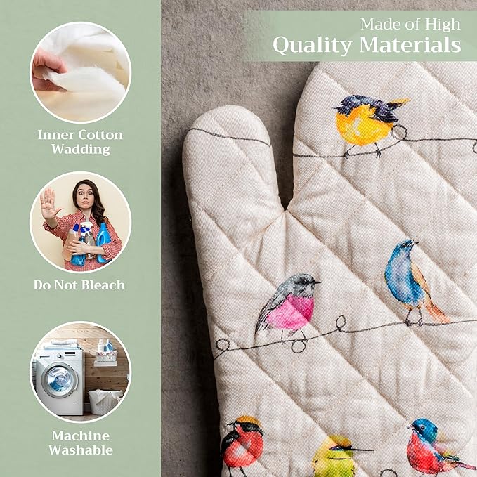 Maison d'Hermine Oven Gloves 100% Cotton Oven Mitt 7" x 13" with Loop Heat Resistant, BBQ, Cooking Gloves, Baking, Grilling, Kitchen, Handling Hot Pans Spring/Summer (Pack of 1, Birdies On Wire)