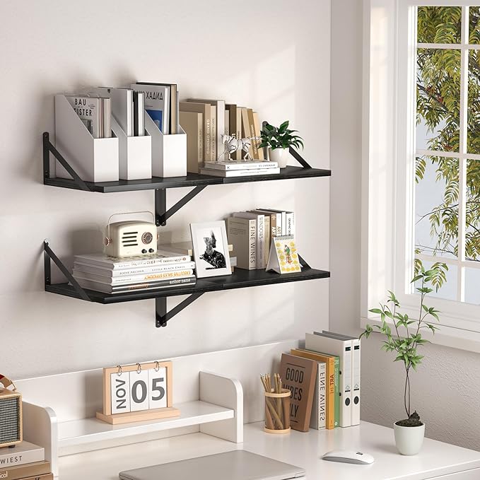 Heimlove Black Deep Floating Shelves for Wall, 16W x 12D Wood Wall Shelves Set of 2, Wide Floating Bookshelf for Living Room, Kitchen, Office, Bedroom and Decor Storage, with Metal Bracket - Black