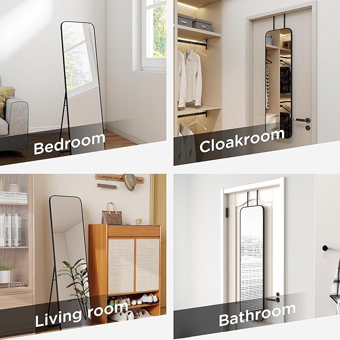 57x16 Door Hanging Full Length Mirror, Floor Stand (Height 5.7ft just Body in1.3ft) Wall Mounted Metal Frame Rectangle Dressing Mirrors for Bedroom Bathroom Room 57 inch Black