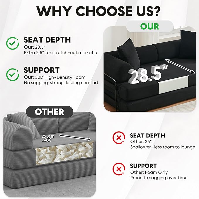 Convertible Sleeper Sofa Bed with Cylindrical Pillow, Corduroy Folding Mattress Couch with Fixed-Shape Frame, Floor Sofa Lounge Couch for Living Room Bedroom Lounge Studio-Black