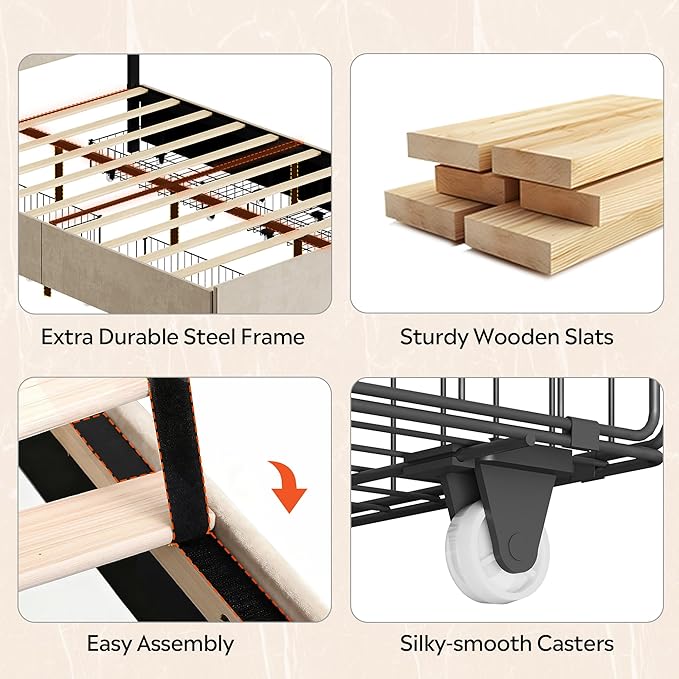 WLIVE Queen Size Upholstered Bed Frame with 4 Drawers and Velvet Square Tufted Headboard, Sturdy Metal & Wooden Slats Support, No Box Spring Needed, Easy Assembly, Beige
