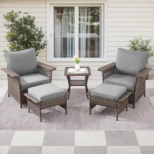 5 Pieces Wicker Patio Furniture Set - Hollow Widen Armrests Outdoor Rattan Chairs with Ottomans and Side Table, Small Patio Convention Set for Balcony Porch Deck and Yard - Brown - Gray