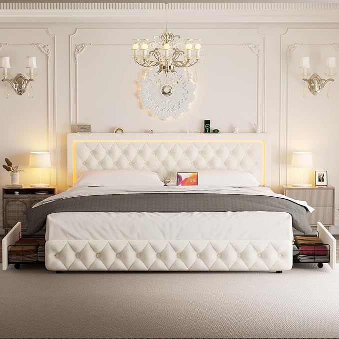 Queen Bed Frame with 4 Storage Drawers, Velvet Upholstered Bed Frame Queen Size with Charging Station and LED Lights, 46" Adjustable Button Tufted Headboard, No Box Spring Needed, Beige