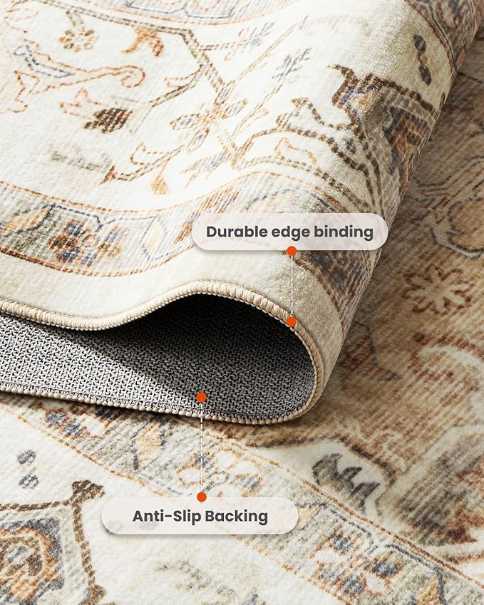 AMADA HOMEFURNISHING 4ft Round Area Rug, Low-Profile Washable 4x4 Rugs with Non-Slip Backing & Durable Edge Binding, Vintage Rug for Kitchen, Bedroom & Hallway, Beige