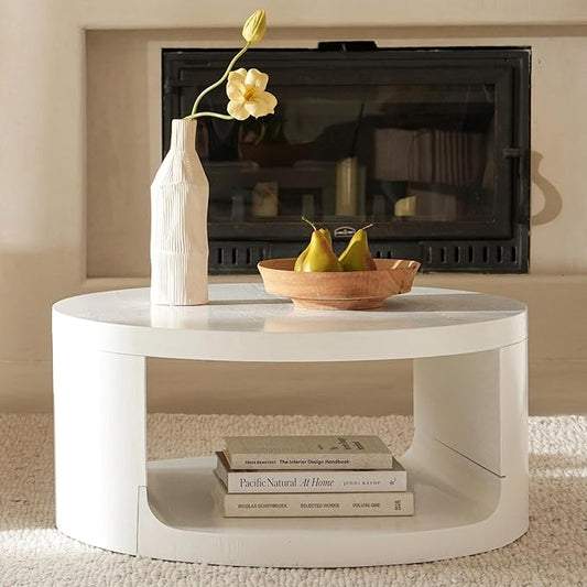 Round Coffee Table with Storage, 31.5" Modern Living Room Table, 2 Tier Circle Wood Center Tables for Apartment, Living Room, Open-Style Storage White Coffee Tables, 31.5"*15.7"(White)