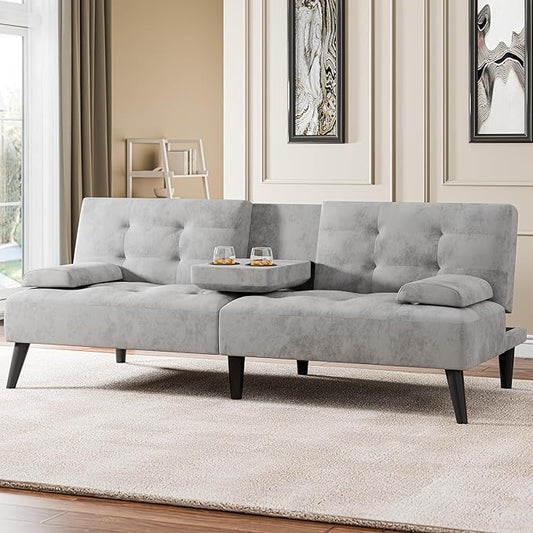 Meilocar Futon Sofa Bed, Modern Sofa Couch Recliner, Adjustable Sofa Bed for Living Room, Office, Guest Room Removable Armrest, 2 Cup Holders, Adjustable Backrest, Light Grey