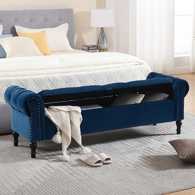 Velvet Storage Bench 67 Inch Upholstered Tufted Ottoman Bench with Arms Large Storage Space King Size End of Bed Bench for Bedroom Living Room Entryway Navy Blue