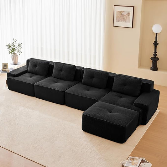 150.4'' Sectional Sofa, 32D Foam Corduroy Boneless Couch with Pillow, Deep Seat Wide Arm Sectional L Shaped Couch for Living Room, Apartment, Bedroom